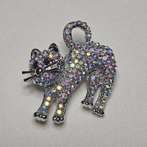Cat Brooch Pin Womens OS Silver AB Iridescent Rhinestone Animal Kitten